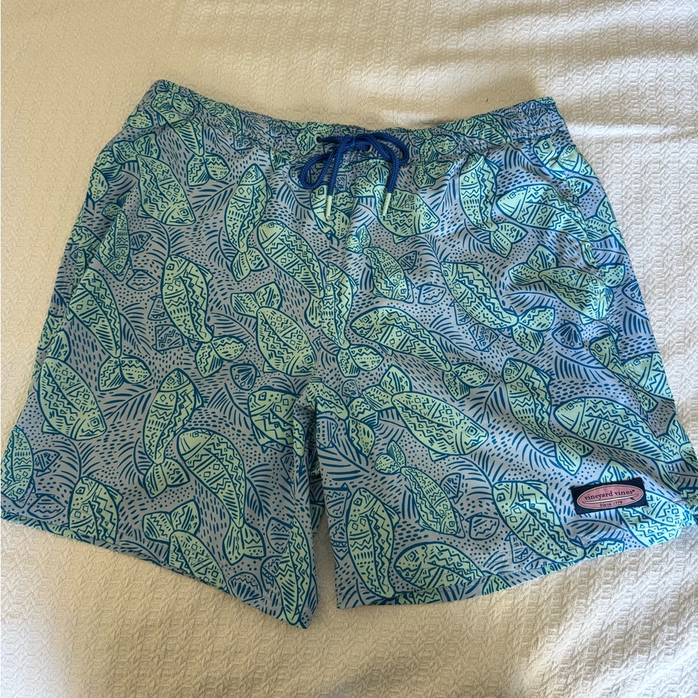 Vineyard Vines Blue Swim Trunks with Mint Fish Print